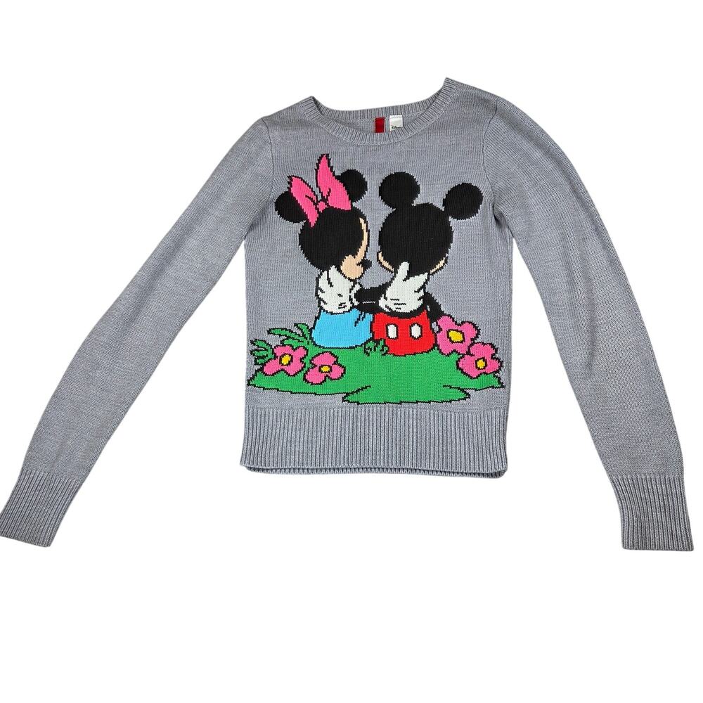 Disney Divided H&M Mickey Minnie Mouse Knit Sweater Girls Size 8 Gray Floral